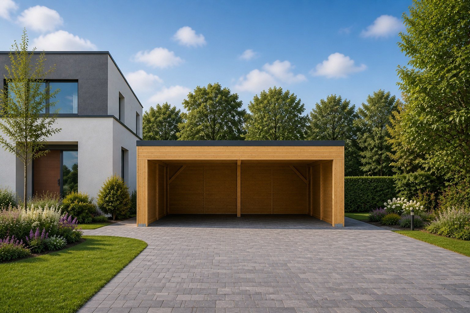 Vue complète avec recul d&rsquo;un carport bois sur mesure à toit plat cubique sans débord et avec couvertine
