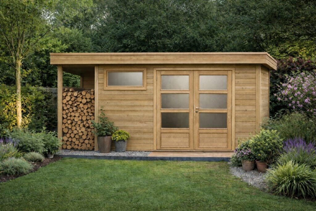 Abri de jardin toit plat avec abri bûche