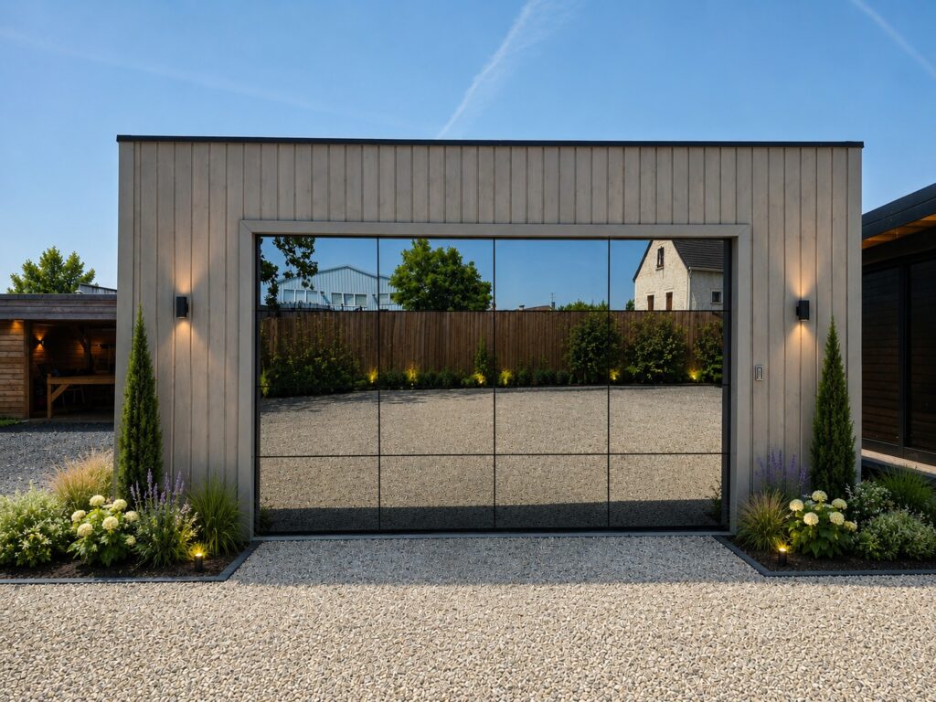Garage en bois gris et avec une porte en miroir