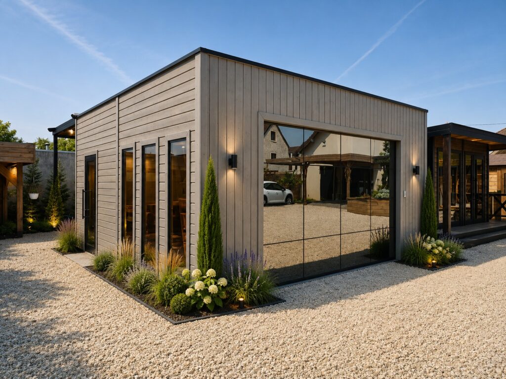 Garage en bois gris et avec une porte en miroir