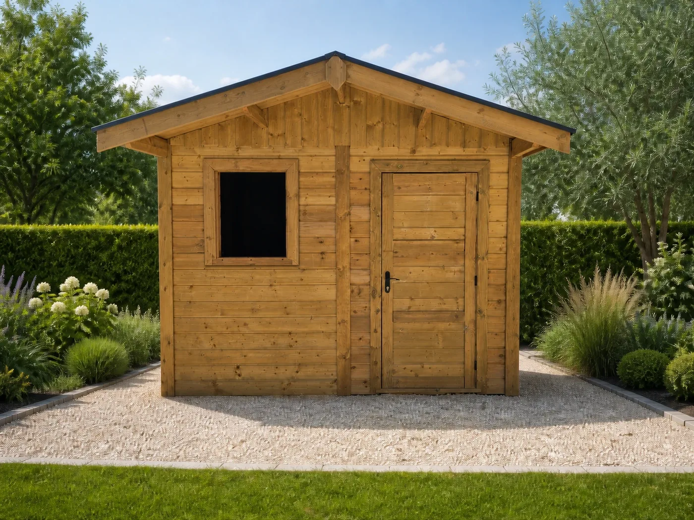 Abri de jardin en bois double pente Living Concept avec porte simple et fenêtre alignée dans un jardin paysager