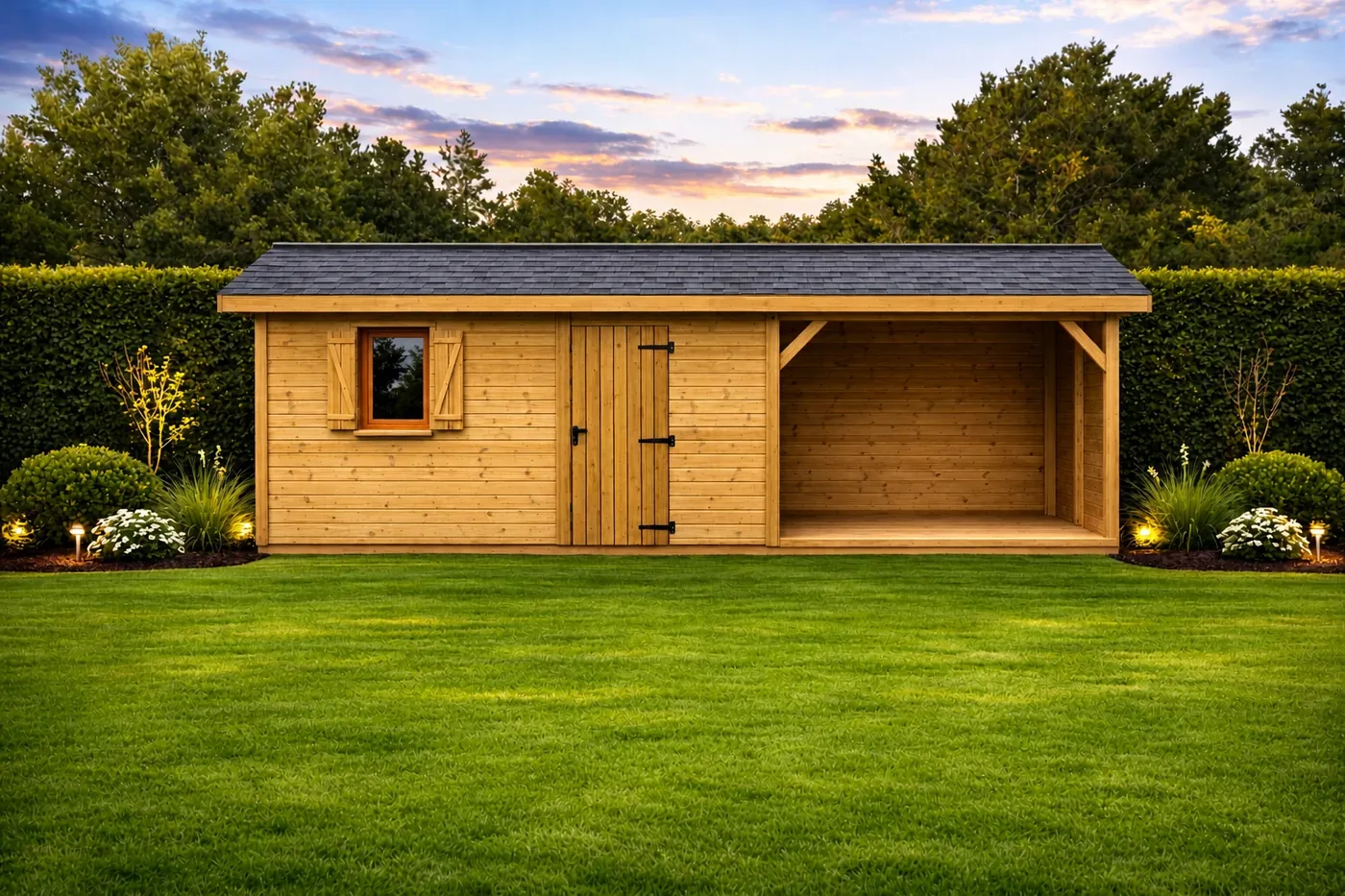 Abri de jardin monopente sur mesure avec grand bûcher couvert Living Concept