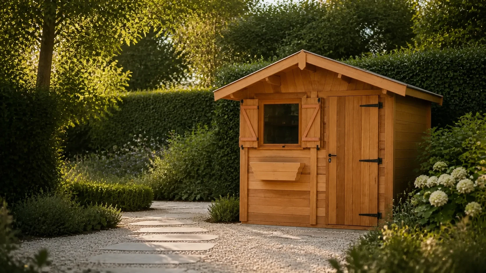 Abri de jardin double pente en bois sur mesure dans un jardin paysager, Living Concept