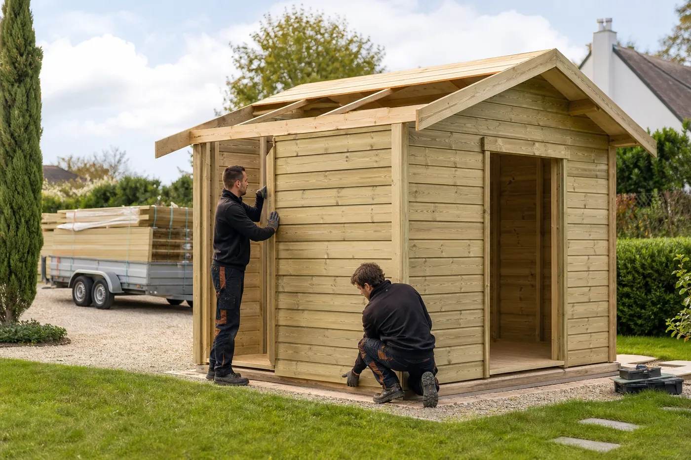 Fabrication et pose d’un abri de jardin en bois par les équipes Living Concept