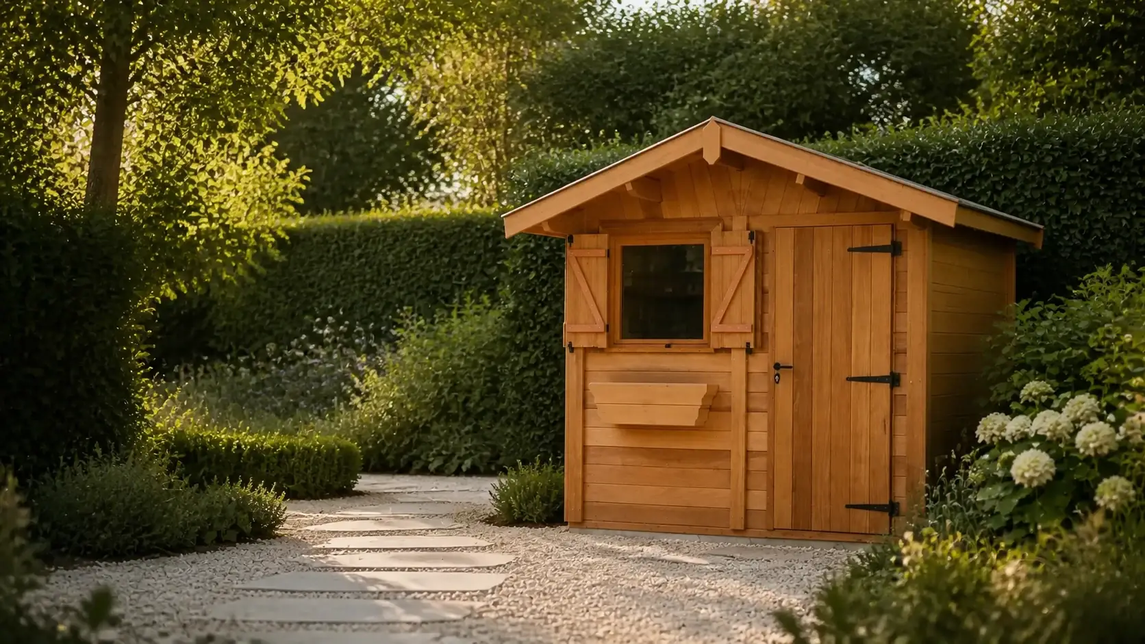 Abri de jardin double pente en bois sur mesure dans un jardin paysager, Living Concept