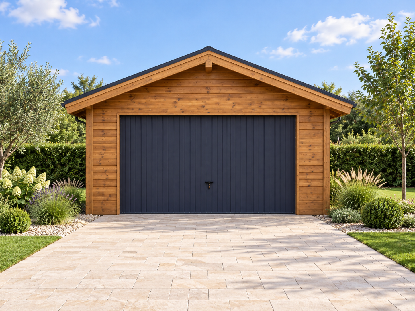 Garage bois double pente en lasure teck, porte anthracite et jardin paysager avec allée claire
