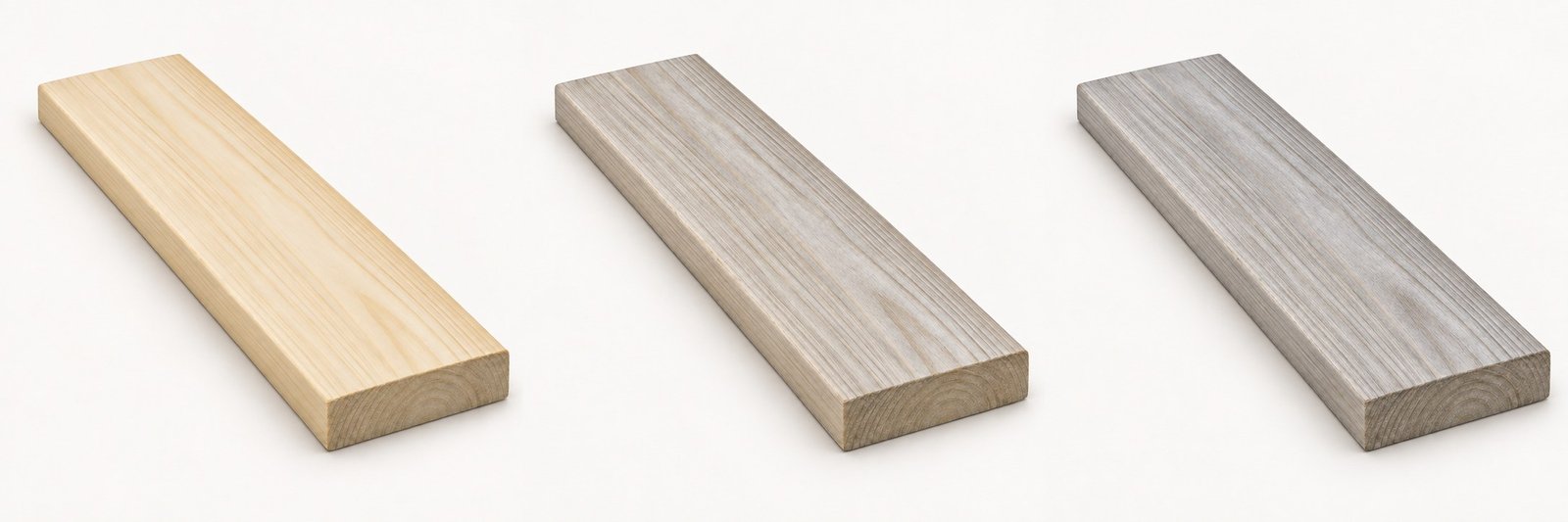 Accoya Naturel : simulation indicative de la patine à la pose, après un an et après deux ans