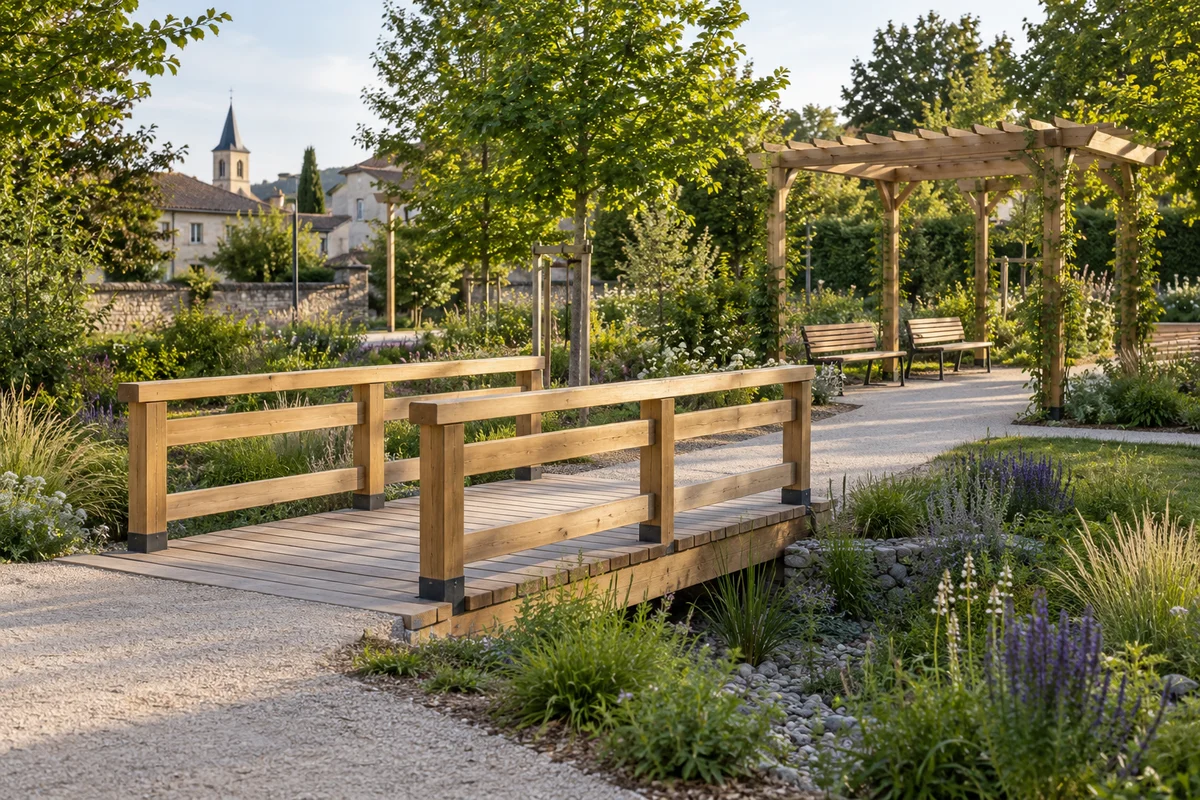 Inspiration pour un jardin public avec passerelle en bois et espace de repos sous pergola