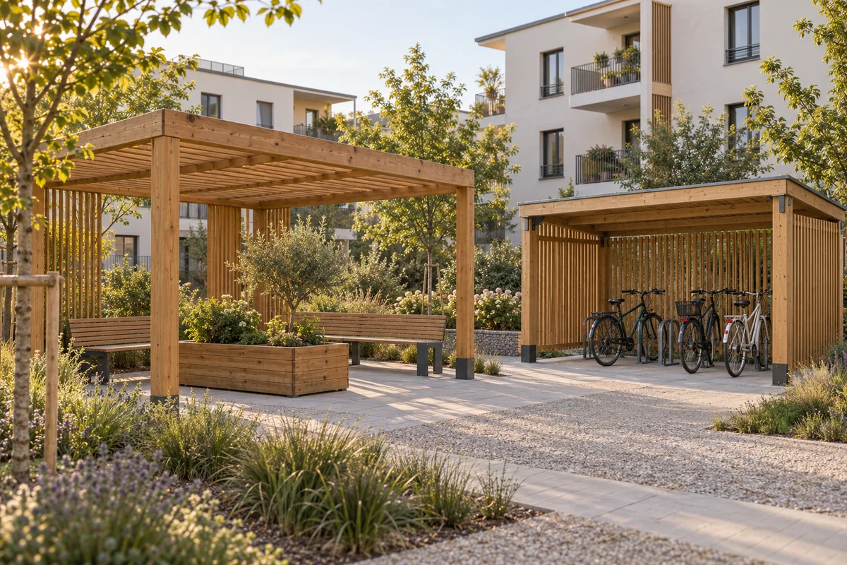 Inspiration pour un jardin de résidence avec pergola commune et abri à vélos en bois