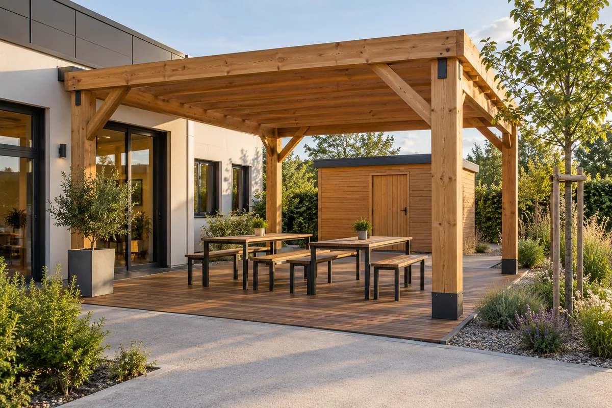Inspiration pour une terrasse de pause sous pergola auprès d’un bâtiment professionnel