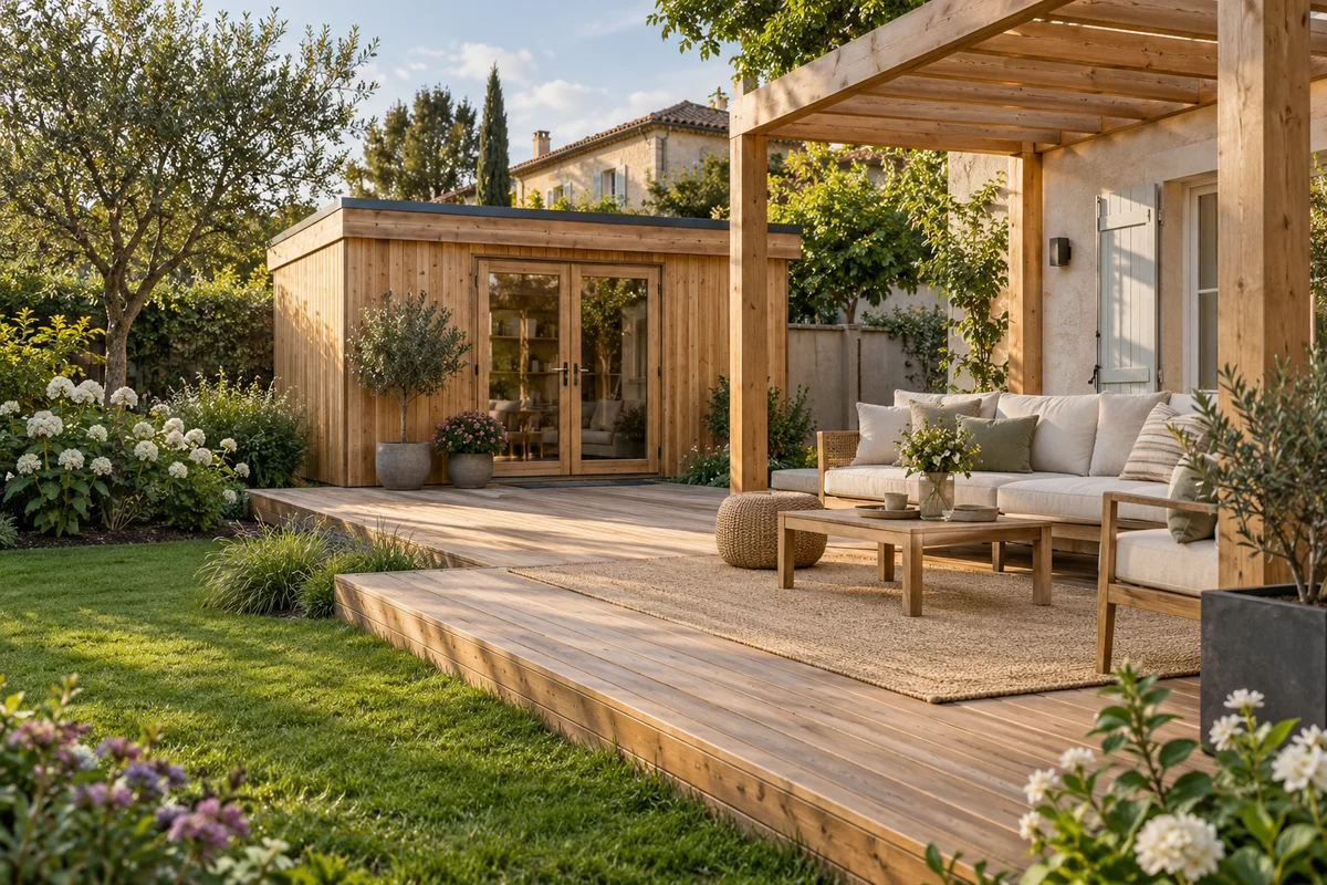 Inspiration pour un jardin privé avec terrasse, pergola et abri en bois