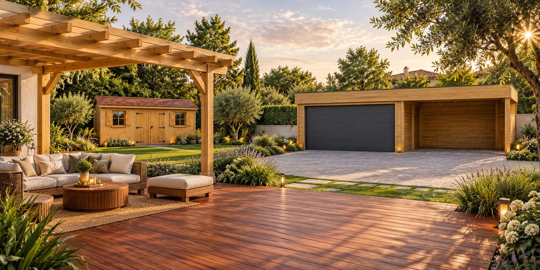 Un jardin réunissant un abri en bois, une pergola, une terrasse et un garage avec carport adossé